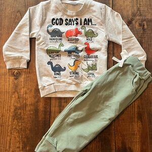 Kids scripture Dinosaur Sweatshirt and Green Pants Set